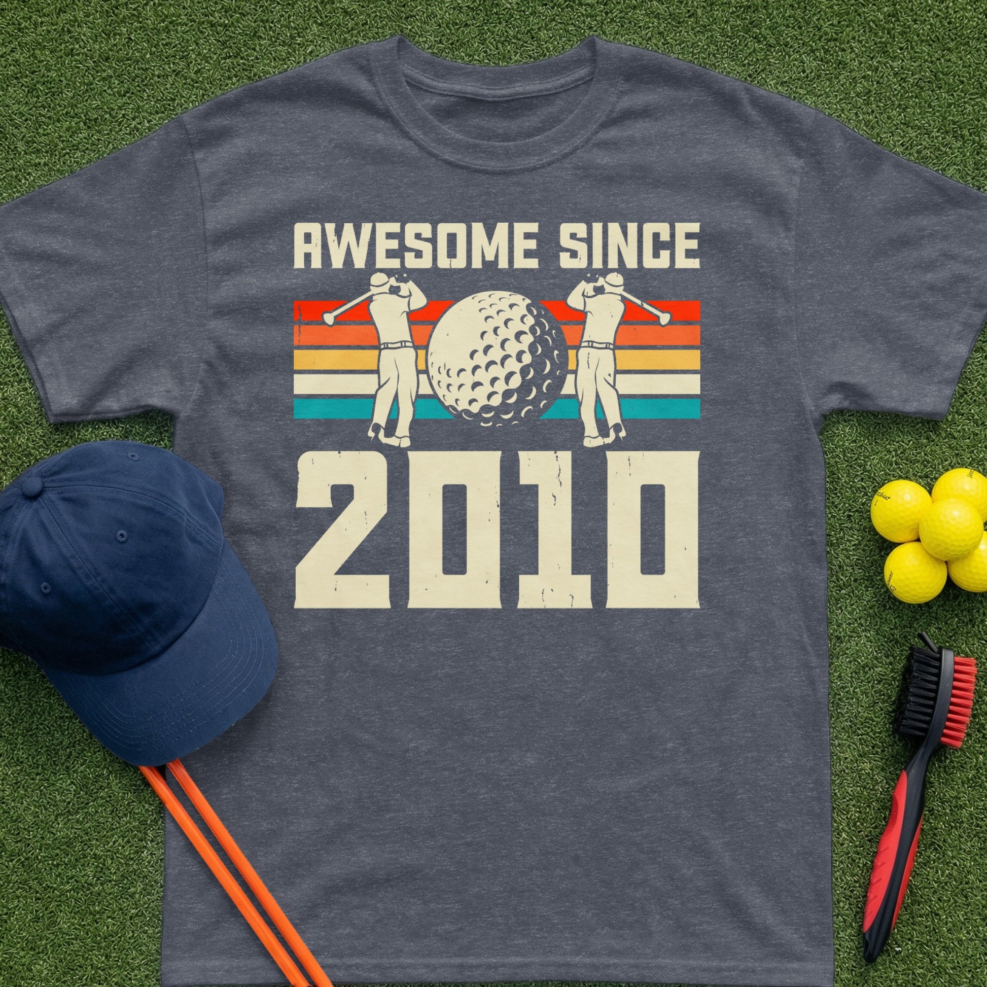 T-shirt with "Awesome Since 2010" and golf graphic.