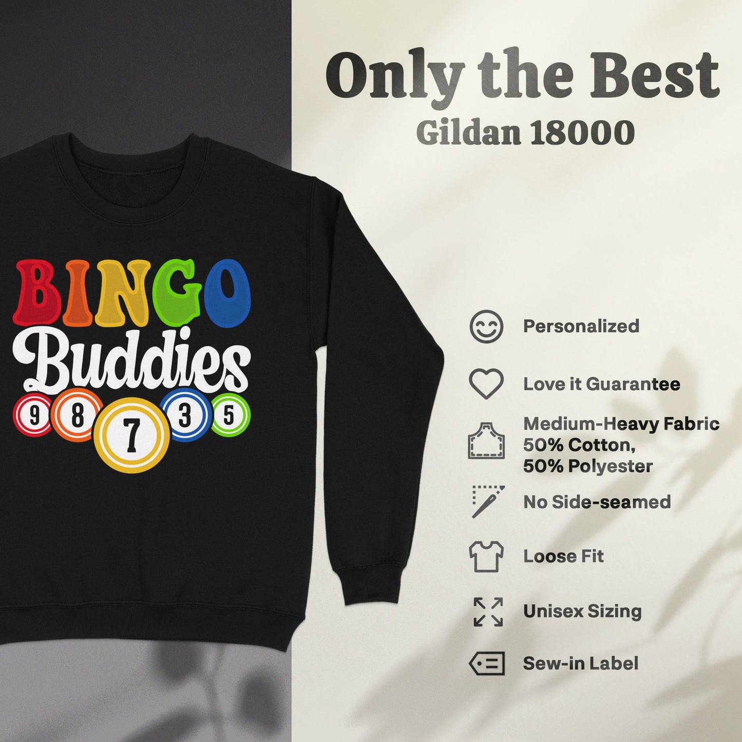Black Gildan 18000 sweatshirt with "Bingo Buddies" graphic and product feature icons.