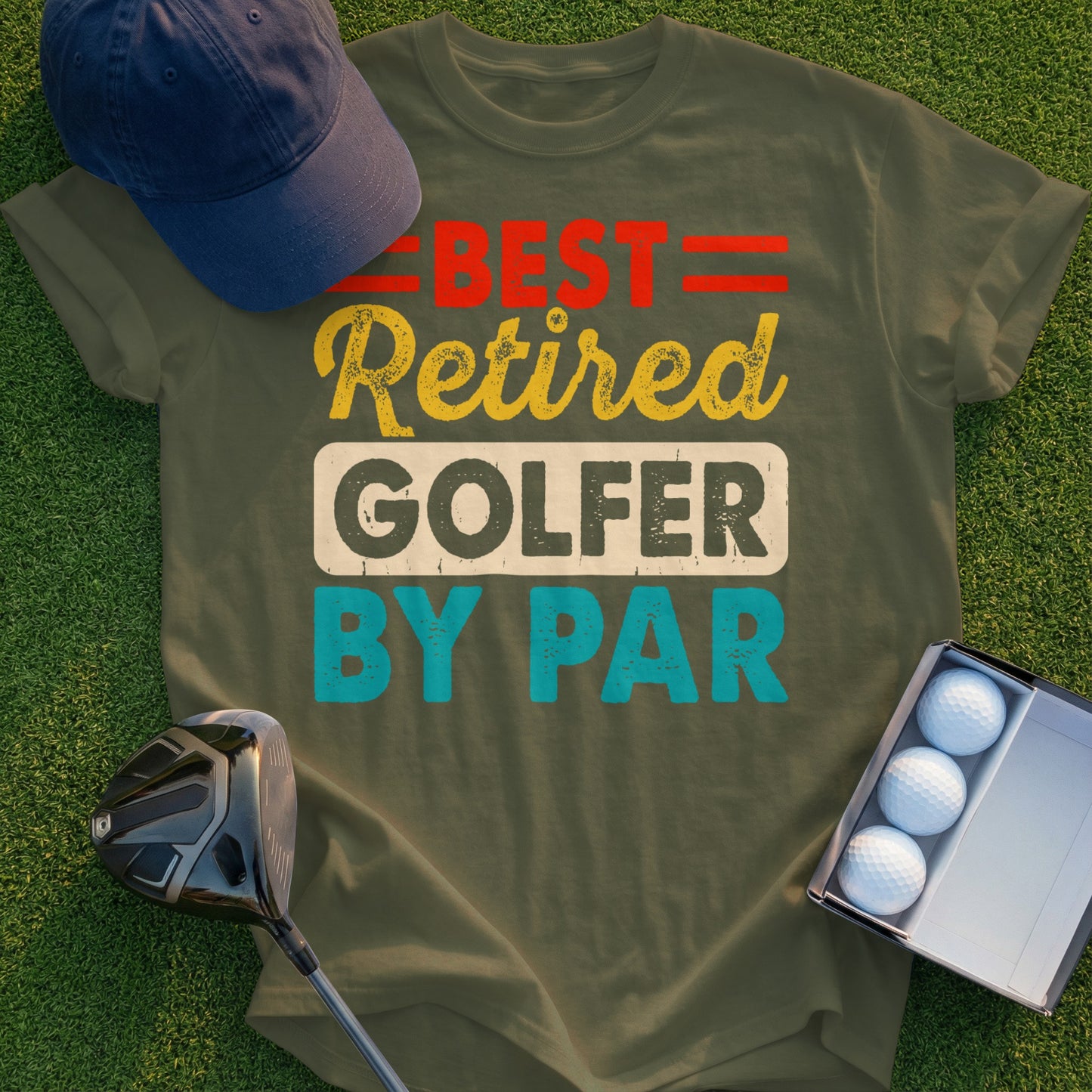 Retired Golfer By Par t-shirt with golf club and balls.