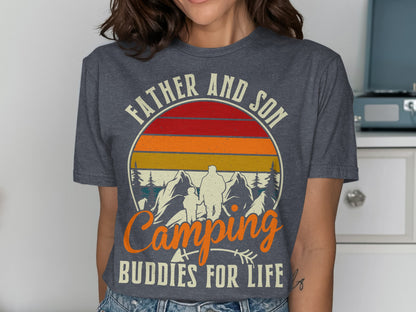 Faded t-shirt with "Father and Son Camping Buddies for Life" text and mountains graphic.