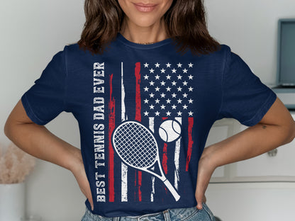 Navy t-shirt with American flag design and "BEST TENNIS DAD EVER" text.