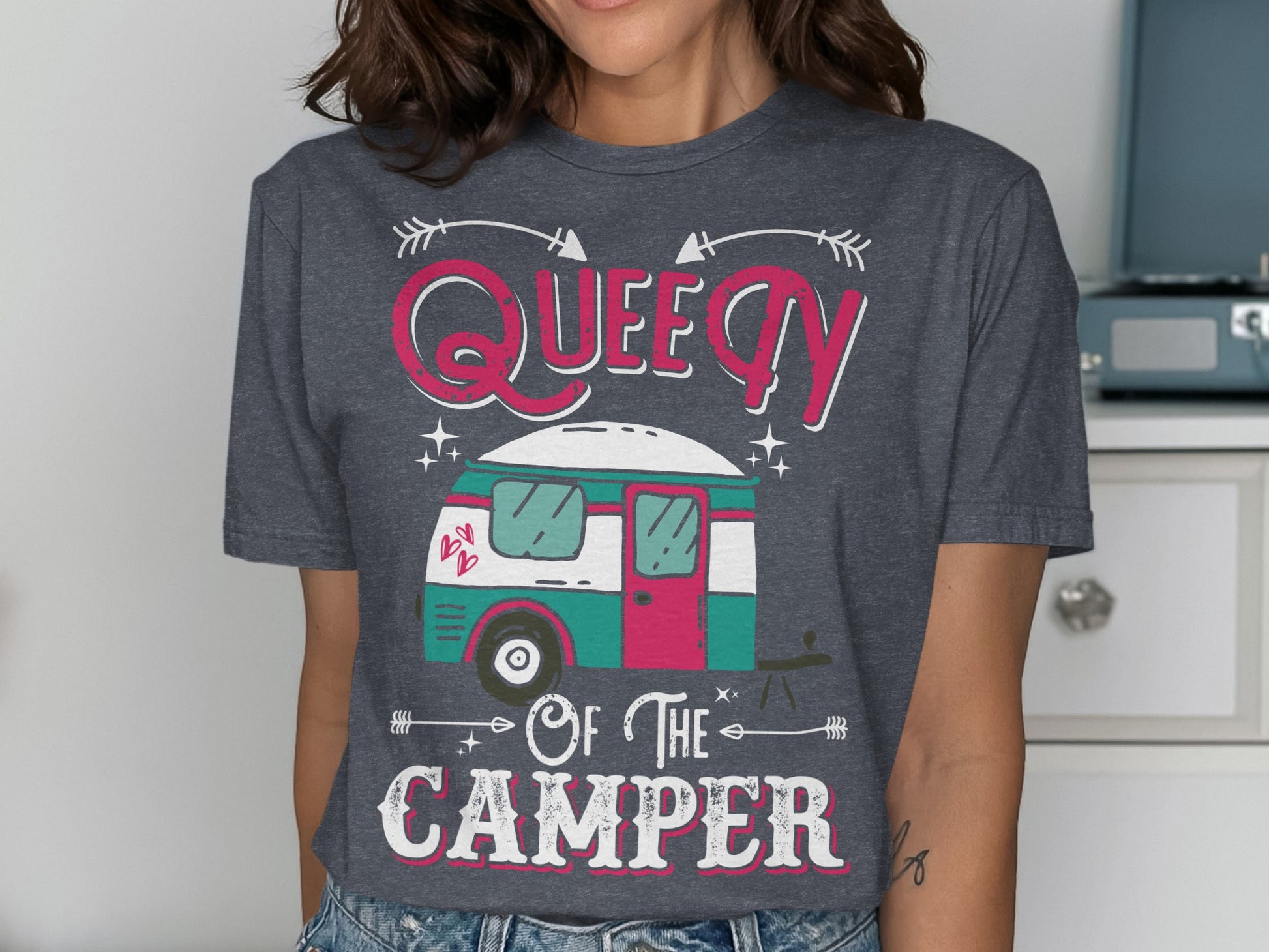 Charcoal t-shirt with "Queen of the Camper" text and vintage camper graphic.