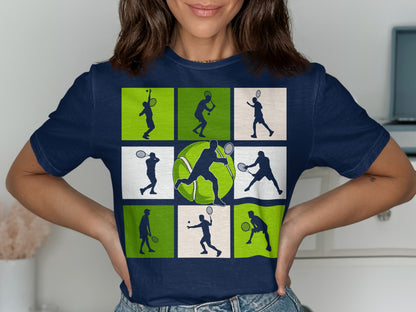 T-shirt with a grid of tennis players and a large tennis ball graphic.