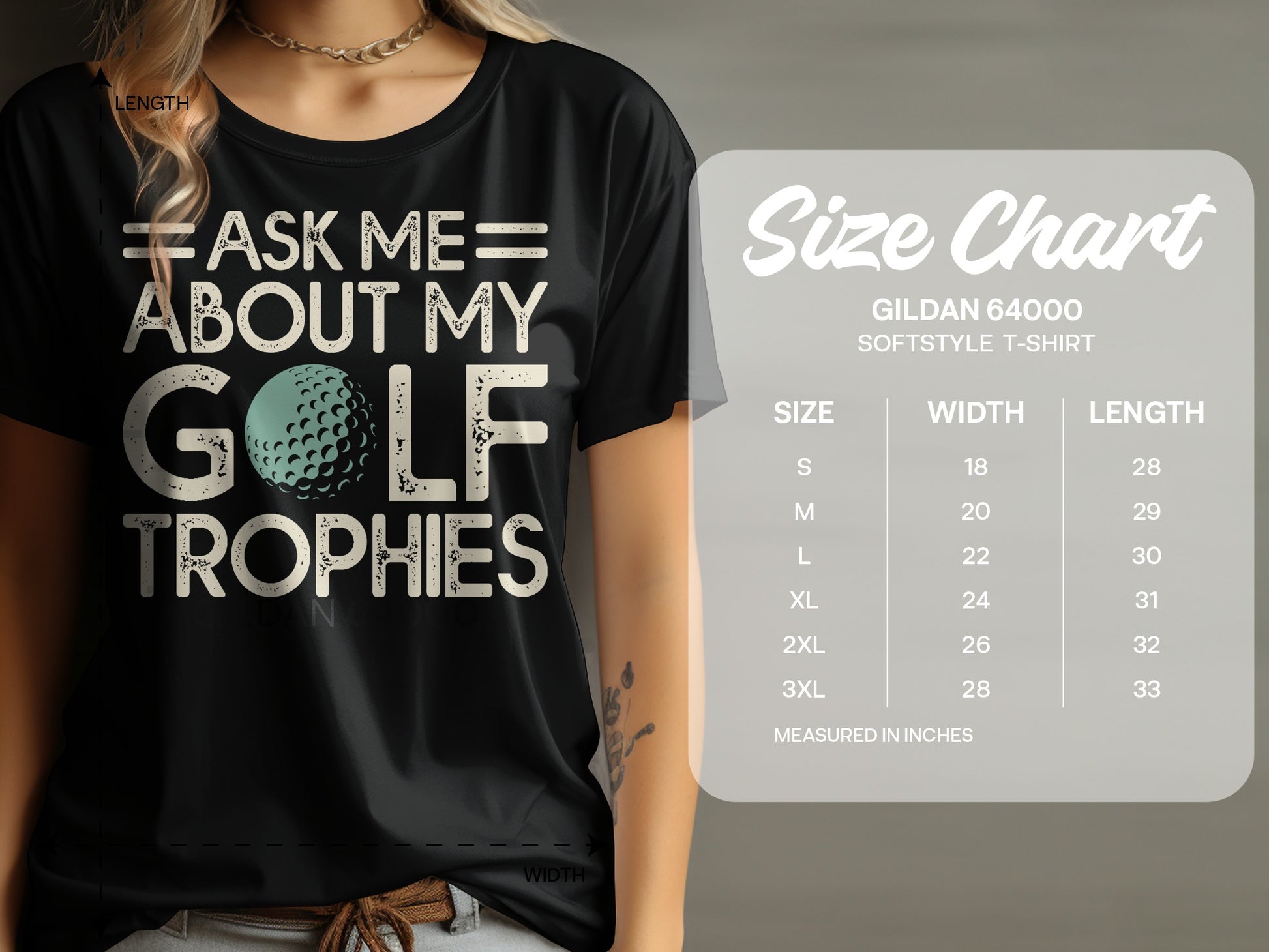 Black t-shirt with "Ask me about my golf trophies" text and a golf ball.