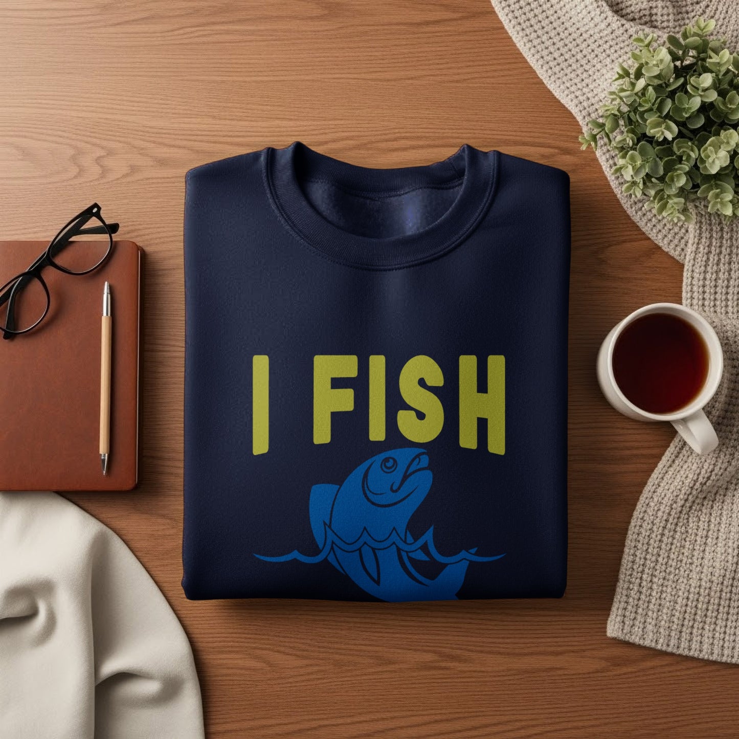 Navy sweatshirt with "I FISH" and blue fish graphic.