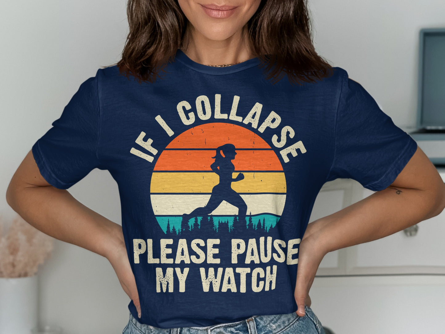 Navy t-shirt with sunset, runner, and trees graphic; text says "If I Collapse Please Pause My Watch".