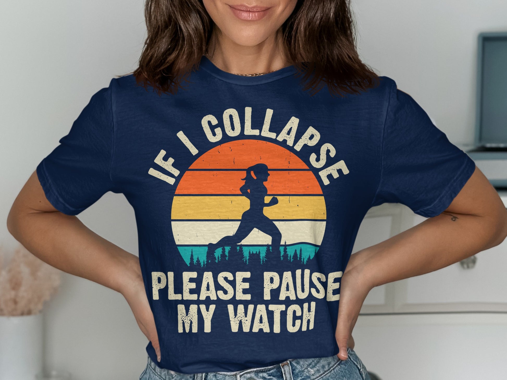 Navy t-shirt with sunset, runner, and trees graphic; text says "If I Collapse Please Pause My Watch".