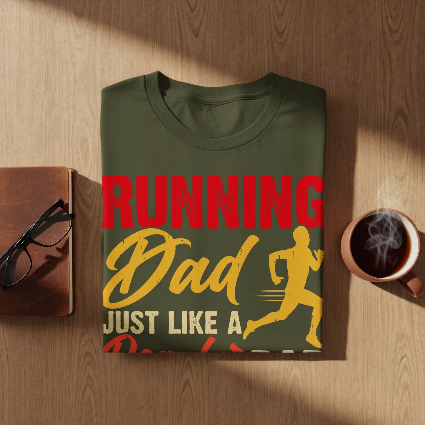 Olive green t-shirt with "Running Dad Just Like A" text and runner graphic.