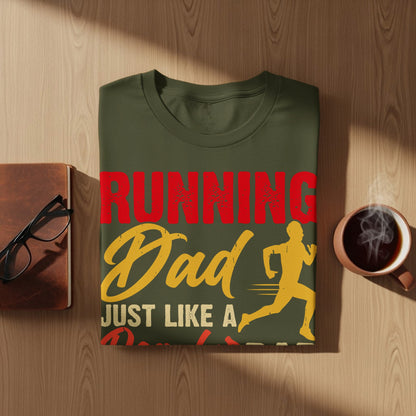 Olive green t-shirt with "Running Dad Just Like A" text and runner graphic.