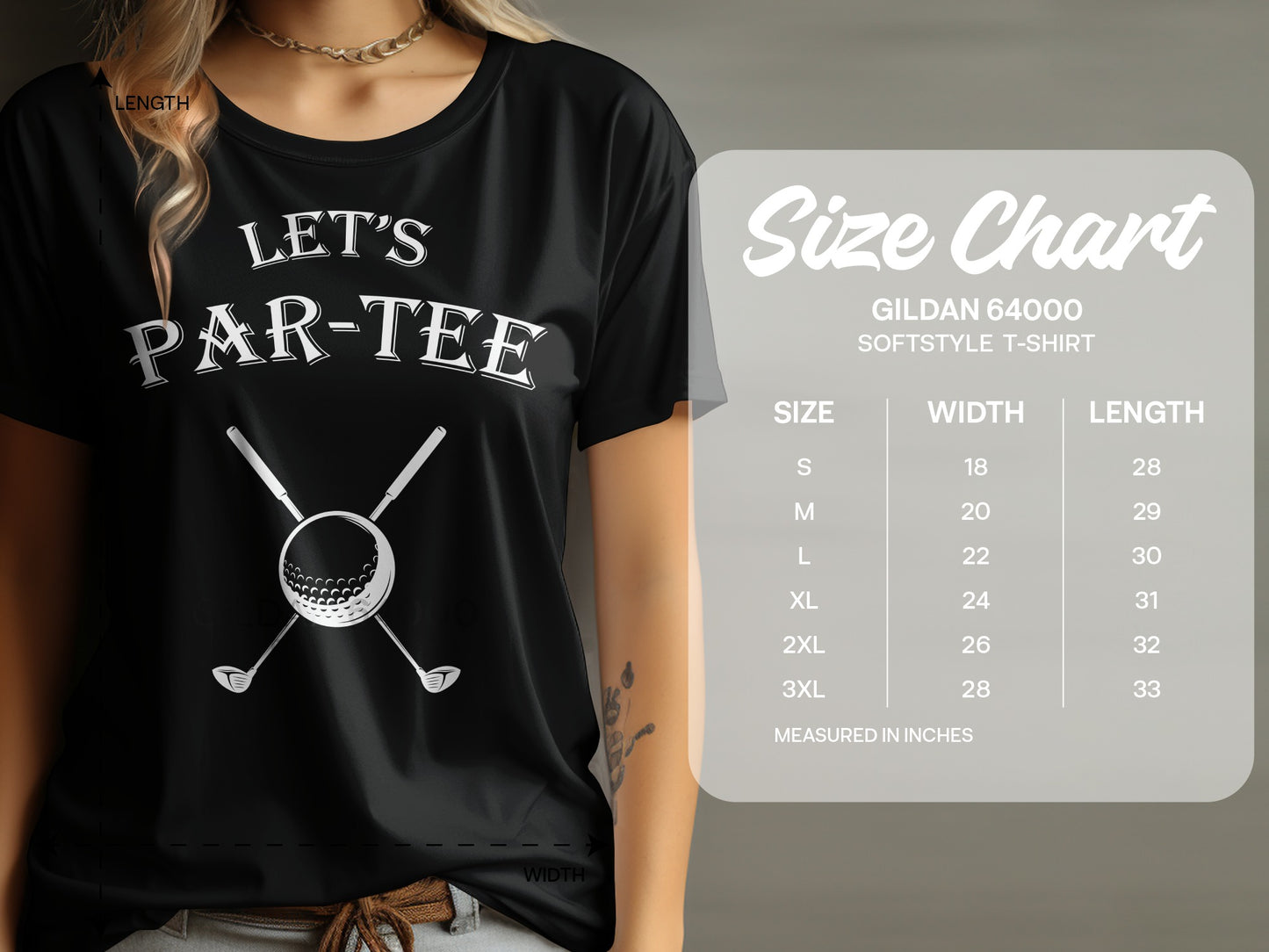 Black t-shirt with "LET'S PAR-TEE" and golf clubs graphic, alongside size chart.