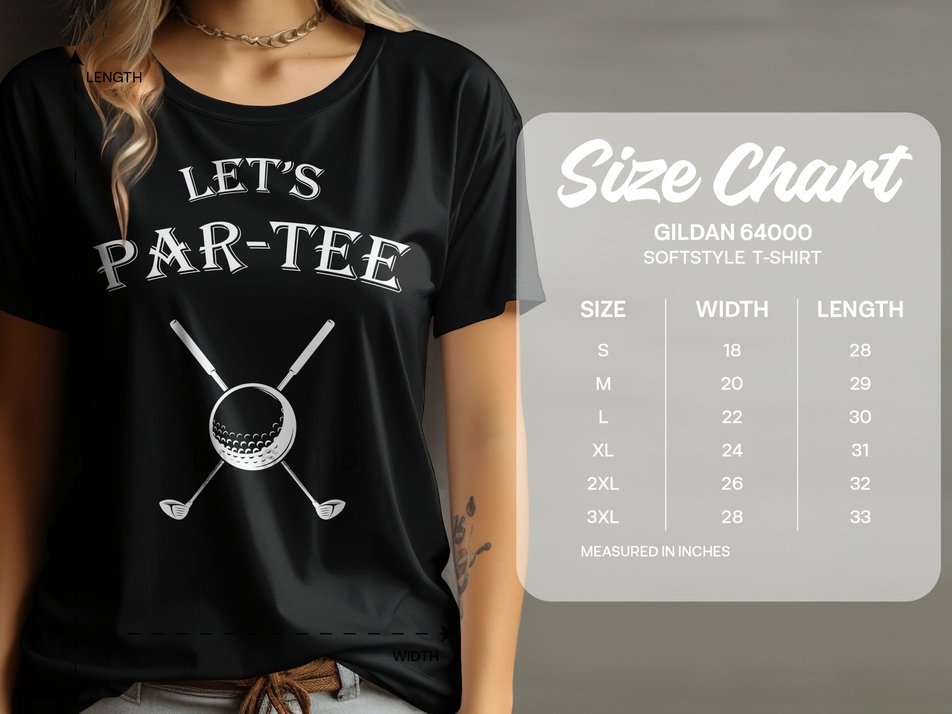 Black t-shirt with "LET'S PAR-TEE" and golf clubs graphic, alongside size chart.