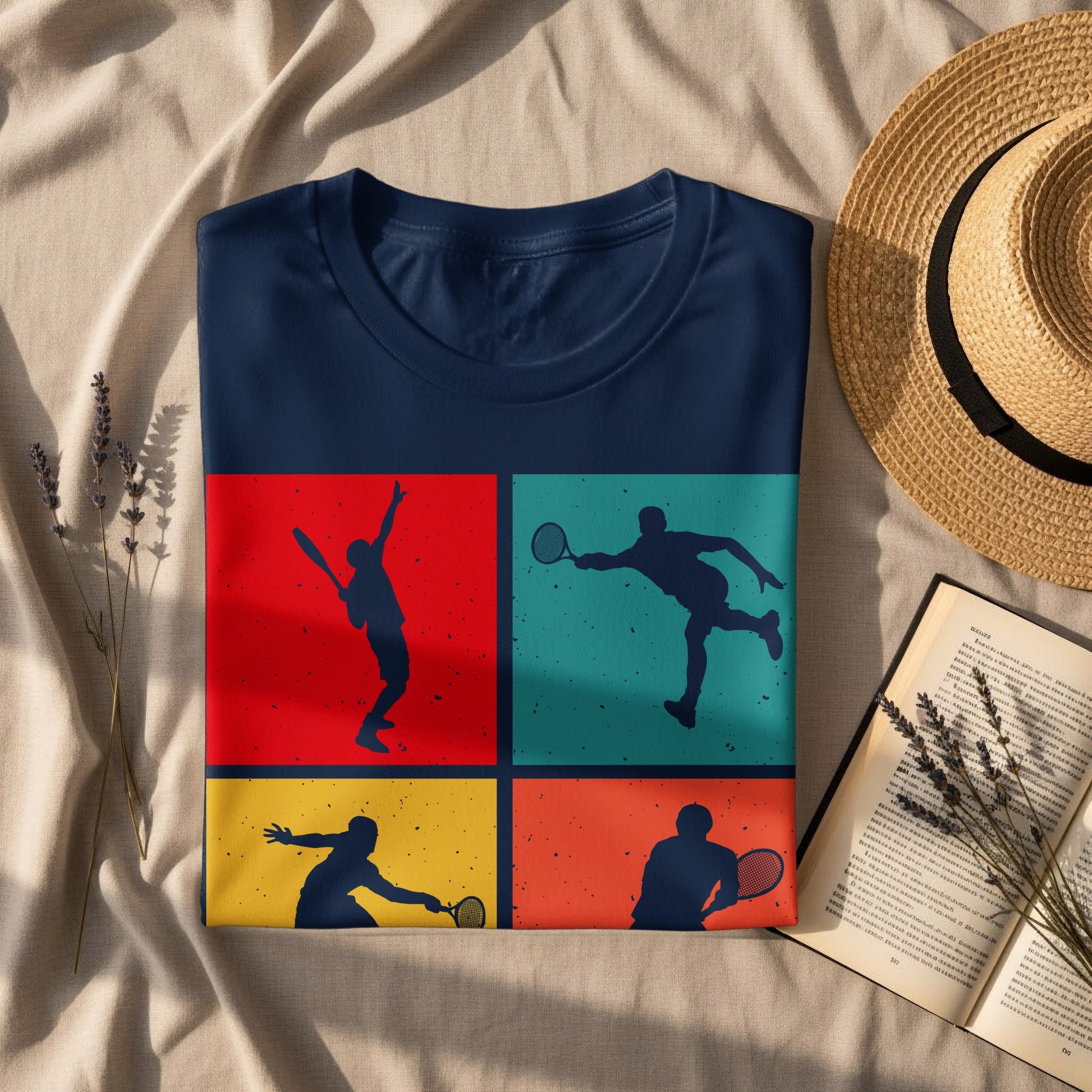 Four-panel graphic tee featuring stylized tennis players in red, blue, and teal.