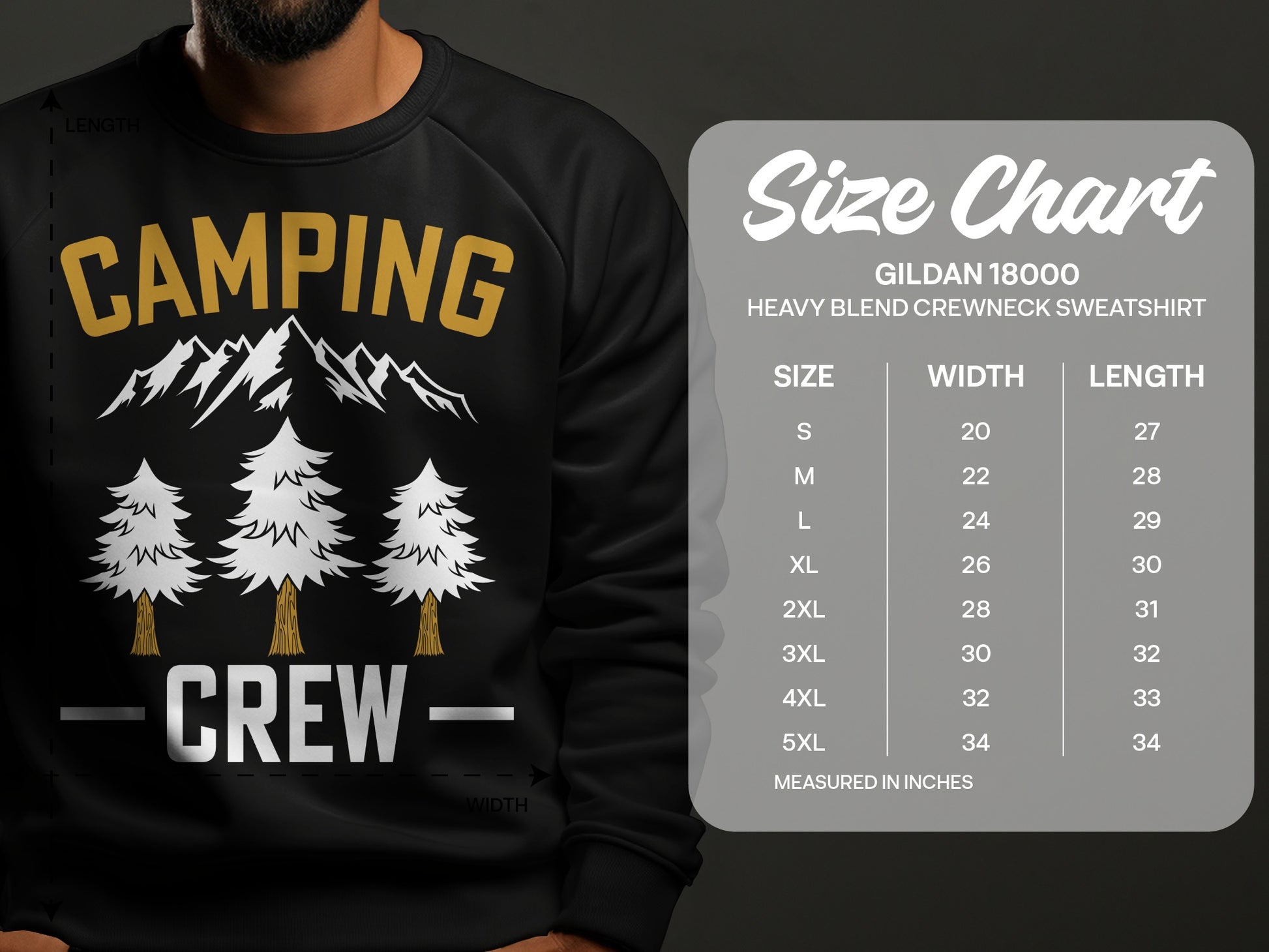 Camping Crew sweatshirt with Gildan 18000 size chart.