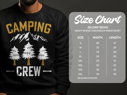 Camping Crew sweatshirt with Gildan 18000 size chart.