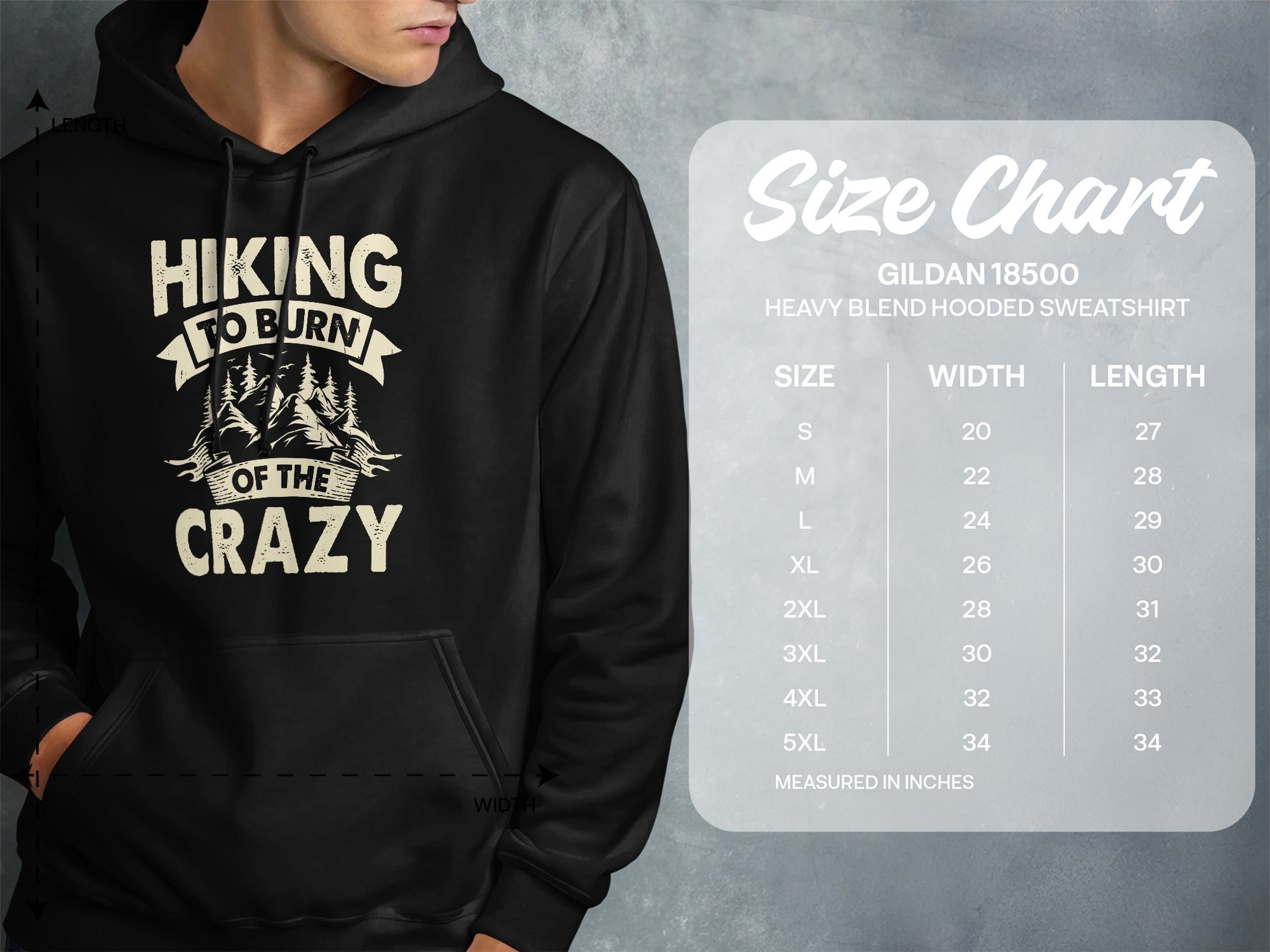Hoodie size chart for Gildan 18500 heavy blend hooded sweatshirt.