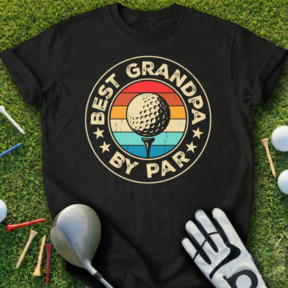 Black t-shirt with "Best Grandpa By Par" text and a vintage golf ball graphic.