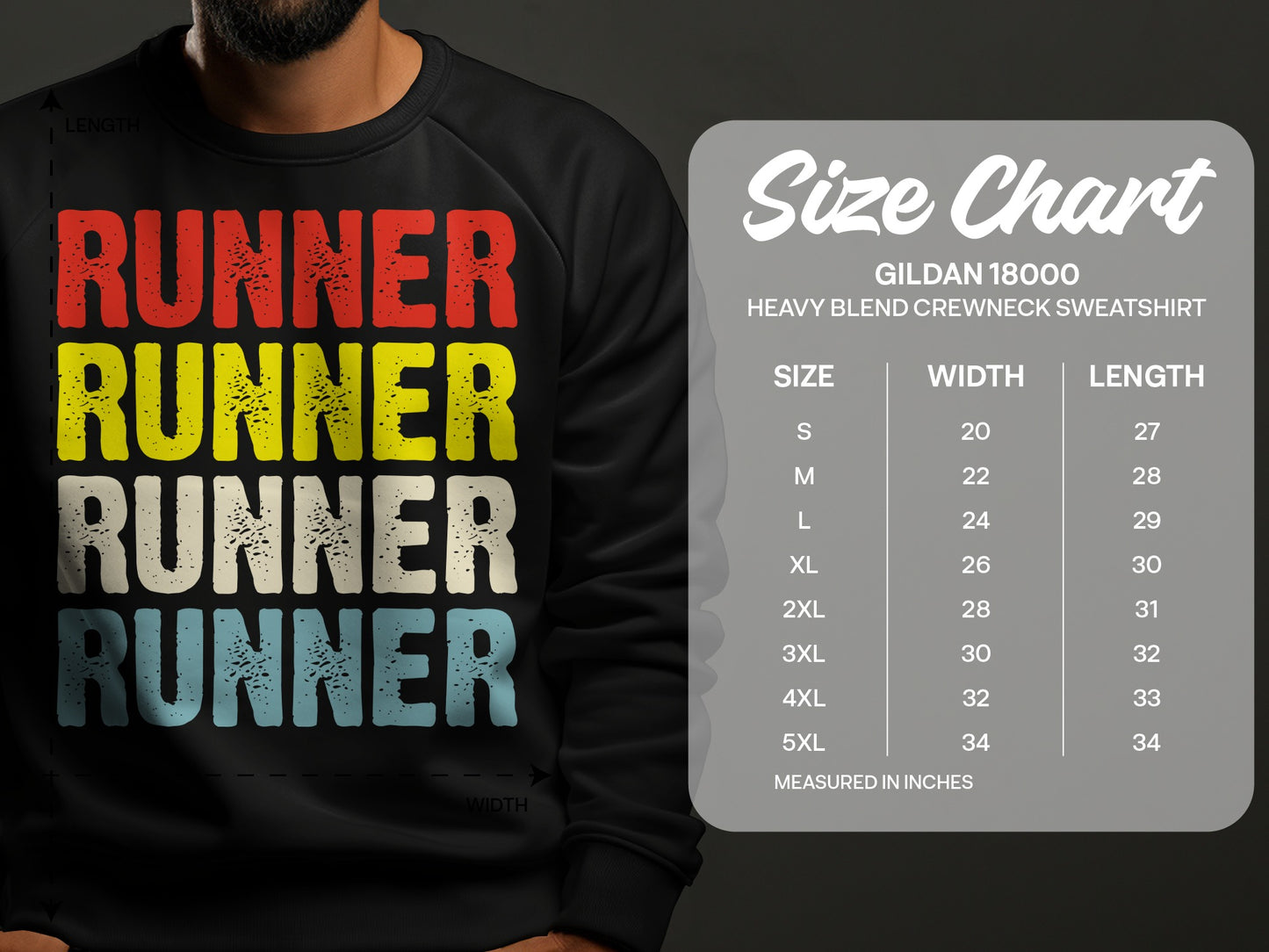 Gildan 18000 sweatshirt size chart with width and length measurements.