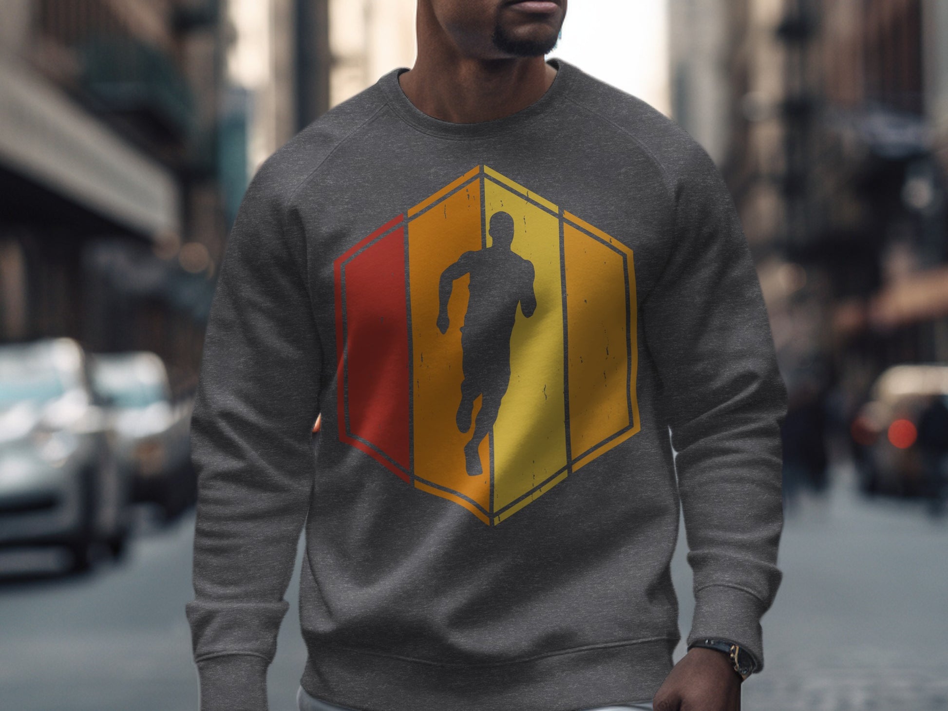 Gray sweatshirt with a geometric hexagon design featuring a running figure.