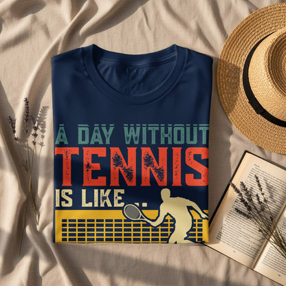 Navy t-shirt with "A DAY WITHOUT TENNIS IS LIKE" text and tennis player graphic.