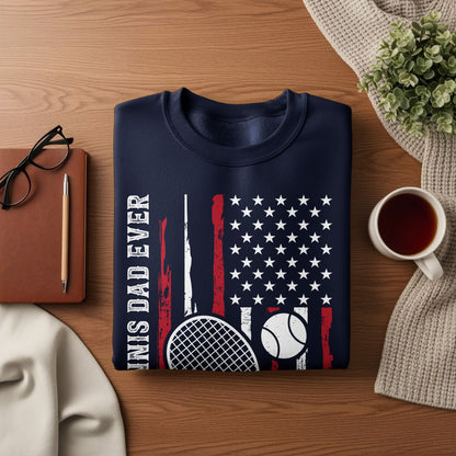Navy sweatshirt with American flag tennis design and "Tennis Dad Ever" text.