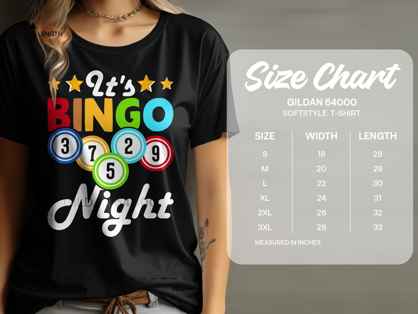 Black t-shirt with "It's Bingo Night" text and bingo balls.