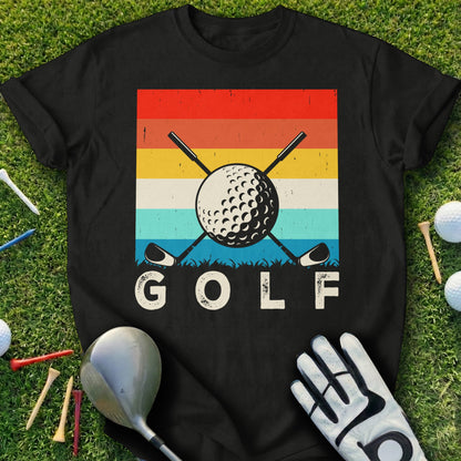 Black t-shirt with "GOLF" text and vintage golf ball and clubs graphic.