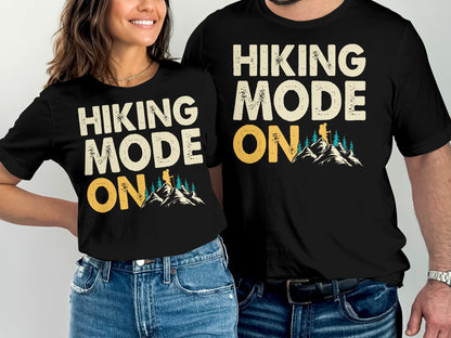 Matching t-shirts with "Hiking Mode On" text and mountain graphic.
