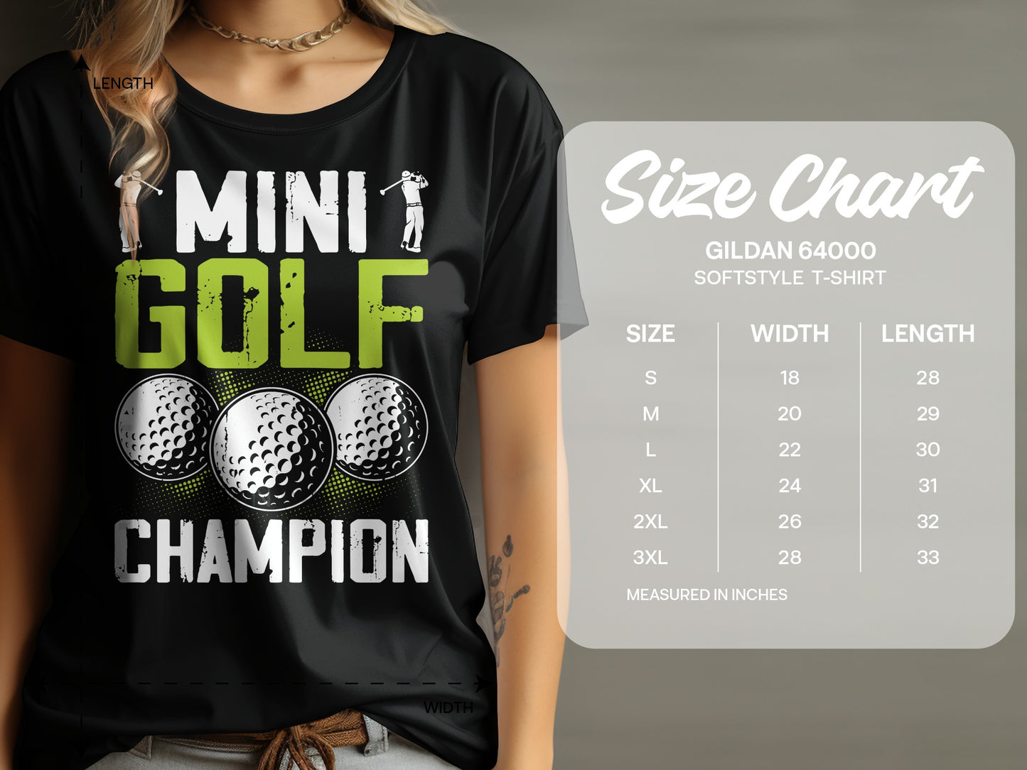 T-shirt with "Mini Golf Champion" text and golf balls, beside a size chart.