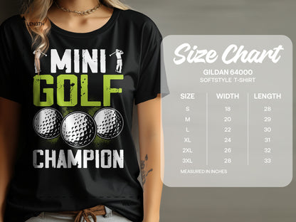 T-shirt with "Mini Golf Champion" text and golf balls, beside a size chart.