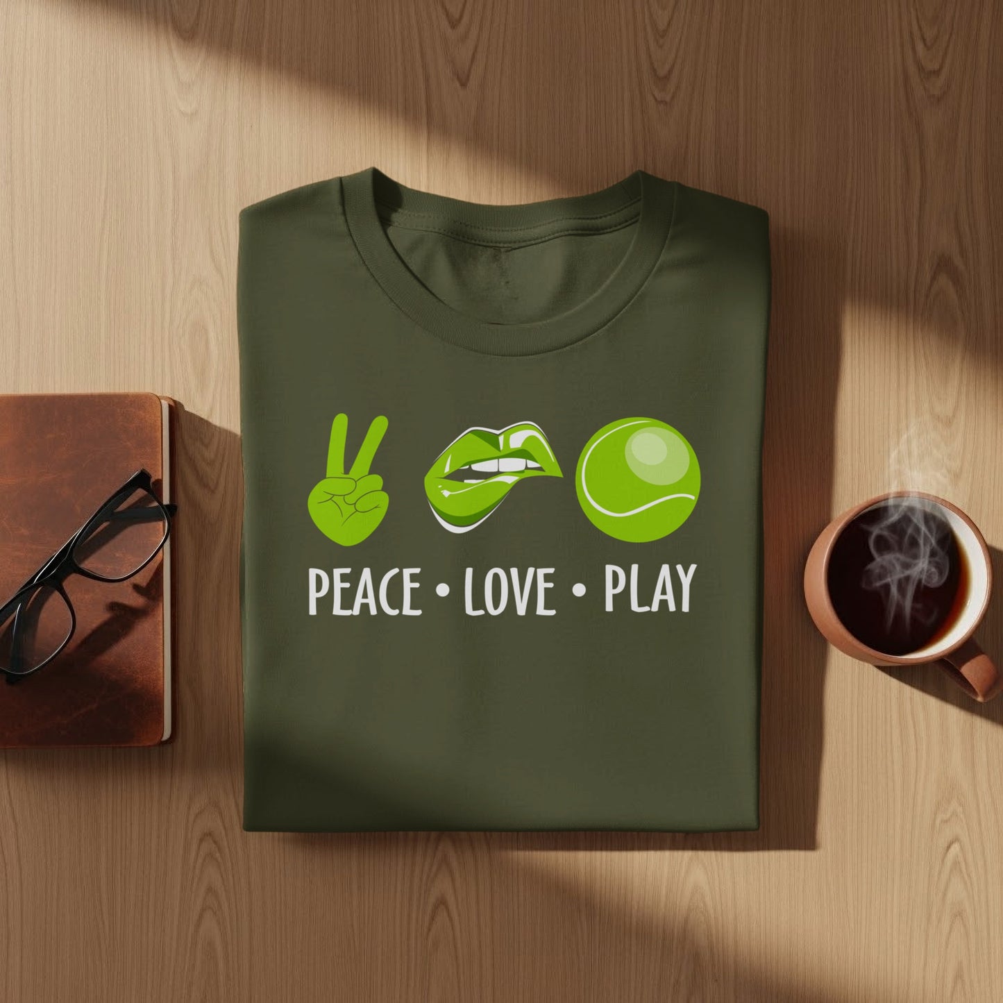 Green t-shirt with "PEACE • LOVE • PLAY" and tennis graphics.