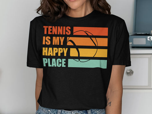 Black t-shirt with "Tennis is my happy place" and a tennis ball graphic.