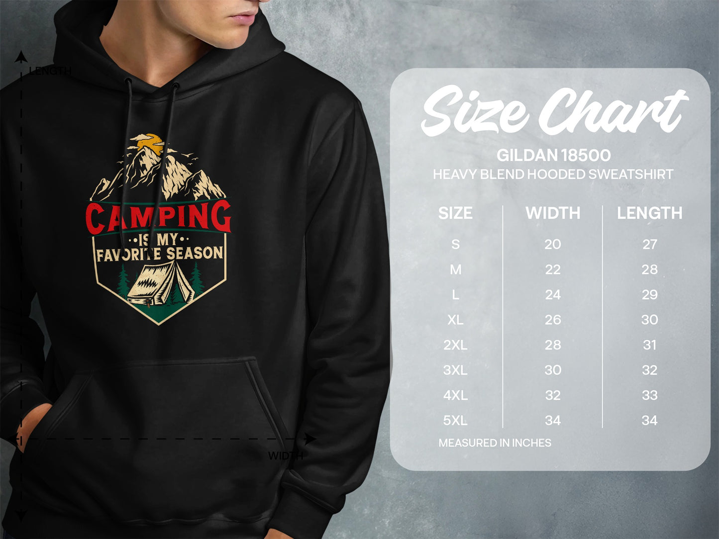 Hooded sweatshirt with "Camping is my favorite season" graphic and size chart.