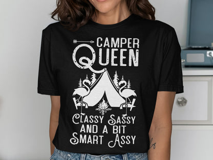 Black t-shirt with "Camper Queen" text and flamingo illustration.