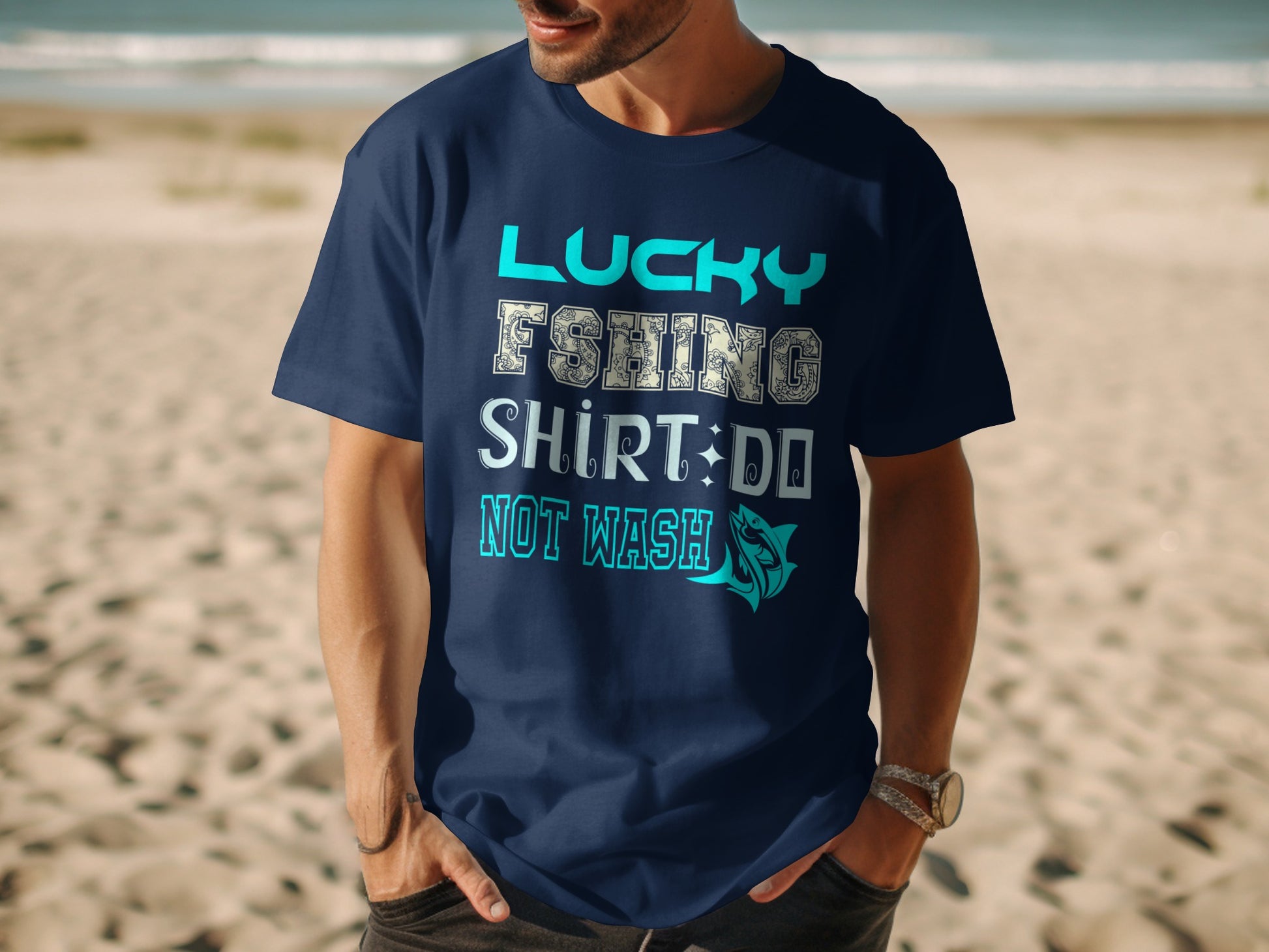Navy t-shirt with "Lucky Fishing Shirt, Do Not Wash" and fish graphic.