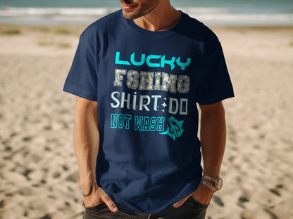 Navy t-shirt with "Lucky Fishing Shirt, Do Not Wash" and fish graphic.