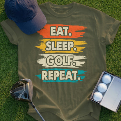 Olive t-shirt with "EAT. SLEEP. GOLF. REPEAT." text design.