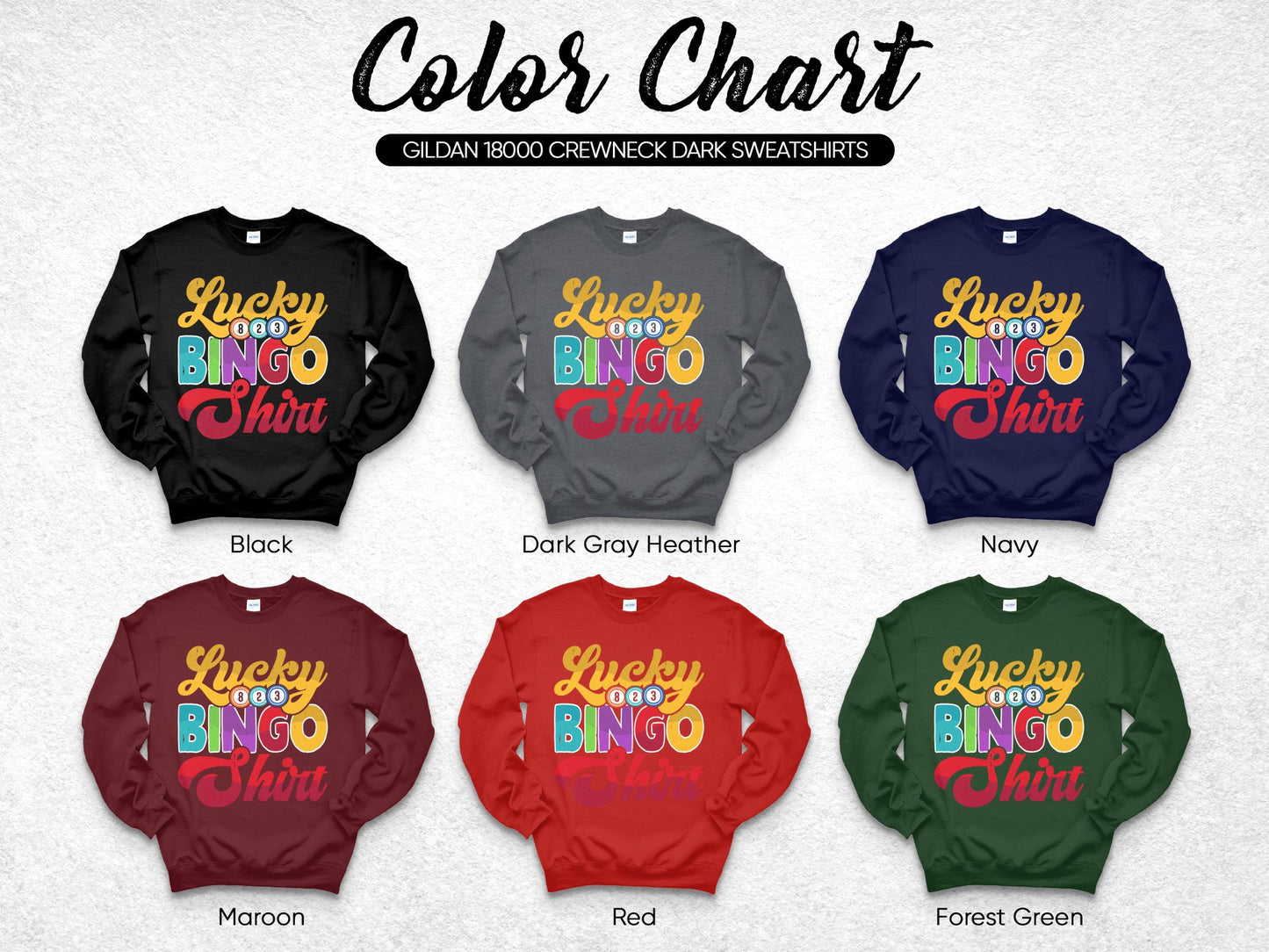Color chart showing six Gildan 18000 crewneck sweatshirts in different colors.