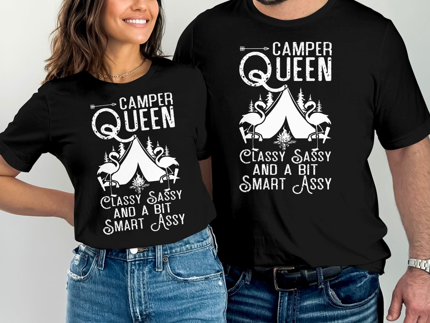Black t-shirts with "Camper Queen Classy Sassy And A Bit Smart Assy" text and graphics.