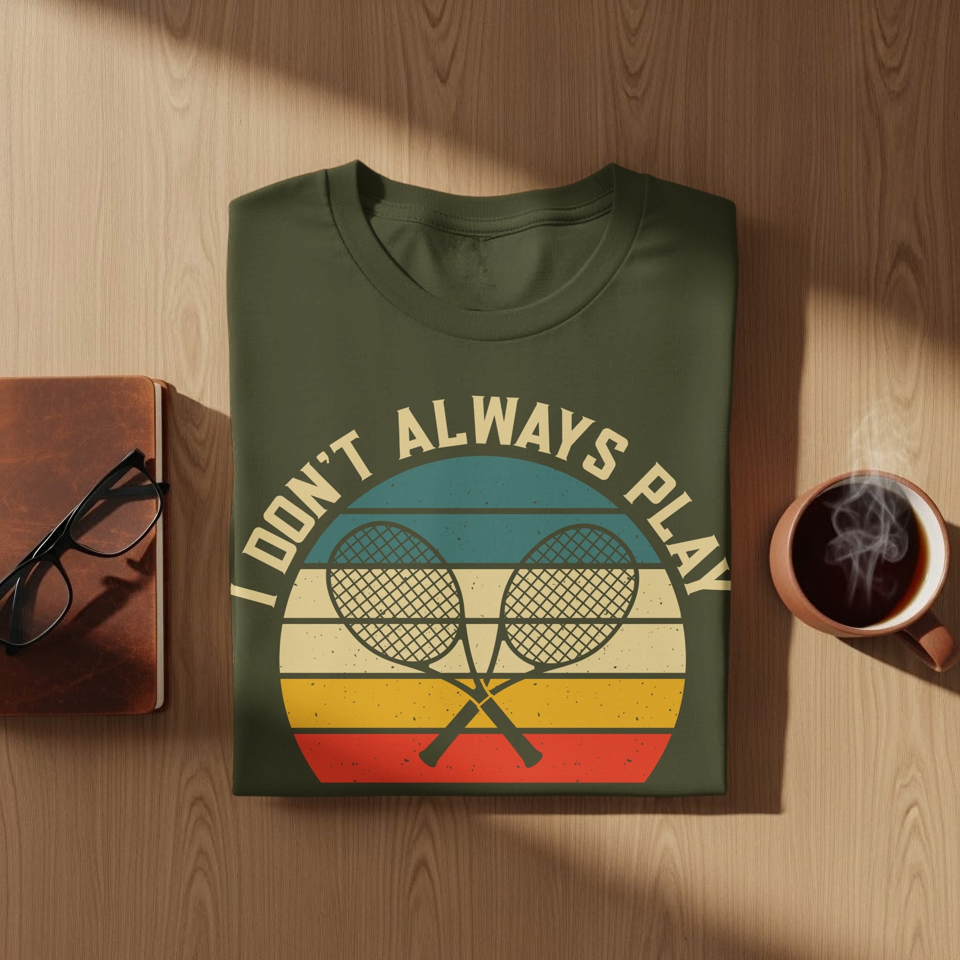 Olive t-shirt with "I DON'T ALWAYS PLAY TENNIS" and crossed rackets graphic.