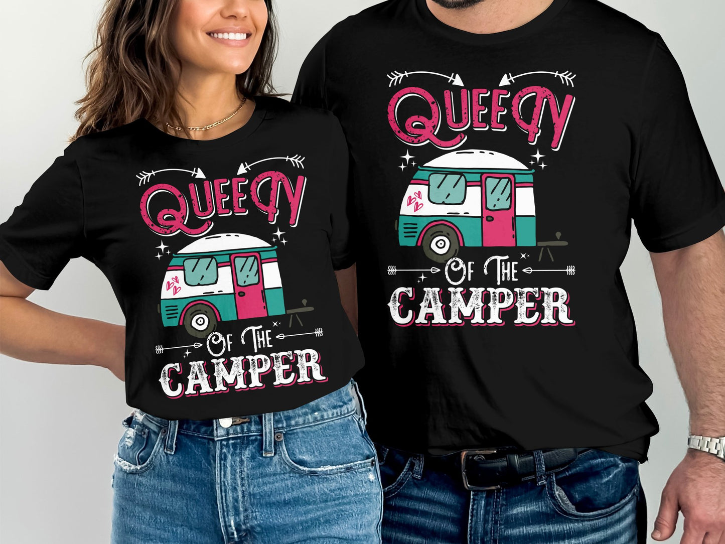 Couple wearing matching "Queen of the Camper" t-shirts with RV graphic.