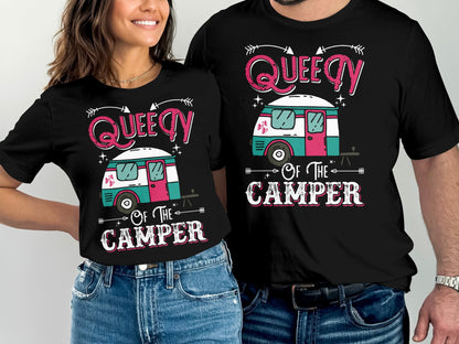 Couple wearing matching "Queen of the Camper" t-shirts with RV graphic.