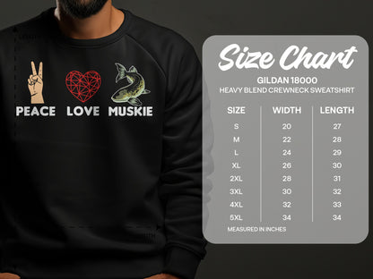 Crewneck sweatshirt with "Peace Love Muskie" graphic and size chart.