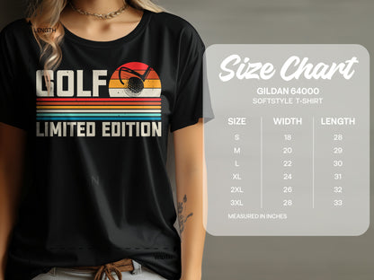 GOLF LIMITED EDITION text with golf ball and sunset graphic, size chart.