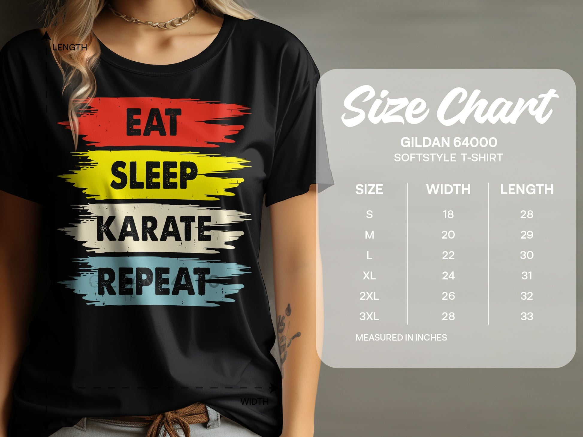 Black t-shirt with "Eat Sleep Karate Repeat" in colorful block letters and a size chart.