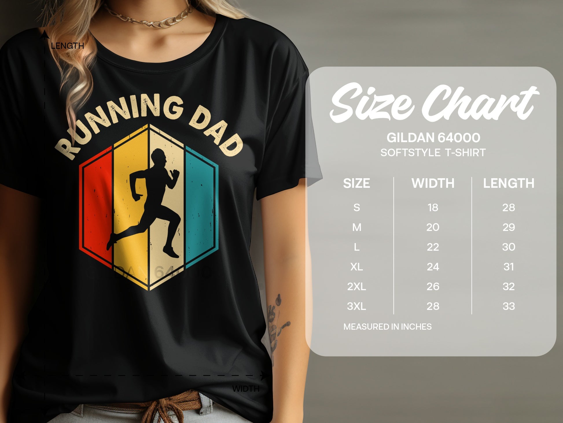 T-shirt with "Running Dad" design and a size chart.
