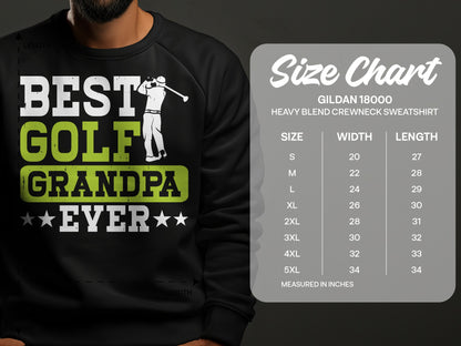 Sweatshirt size chart with "Best Golf Grandpa Ever" graphic.