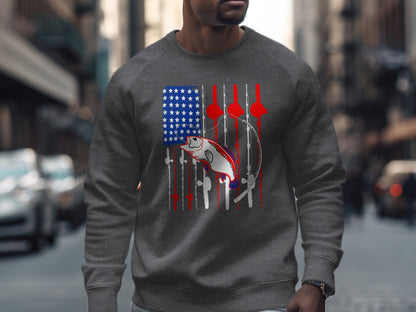 Man wearing gray sweatshirt with American flag and fishing rods graphic.