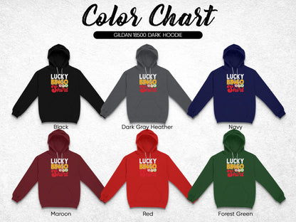 Gildan 18500 dark hoodie color chart with black, navy, and red options.