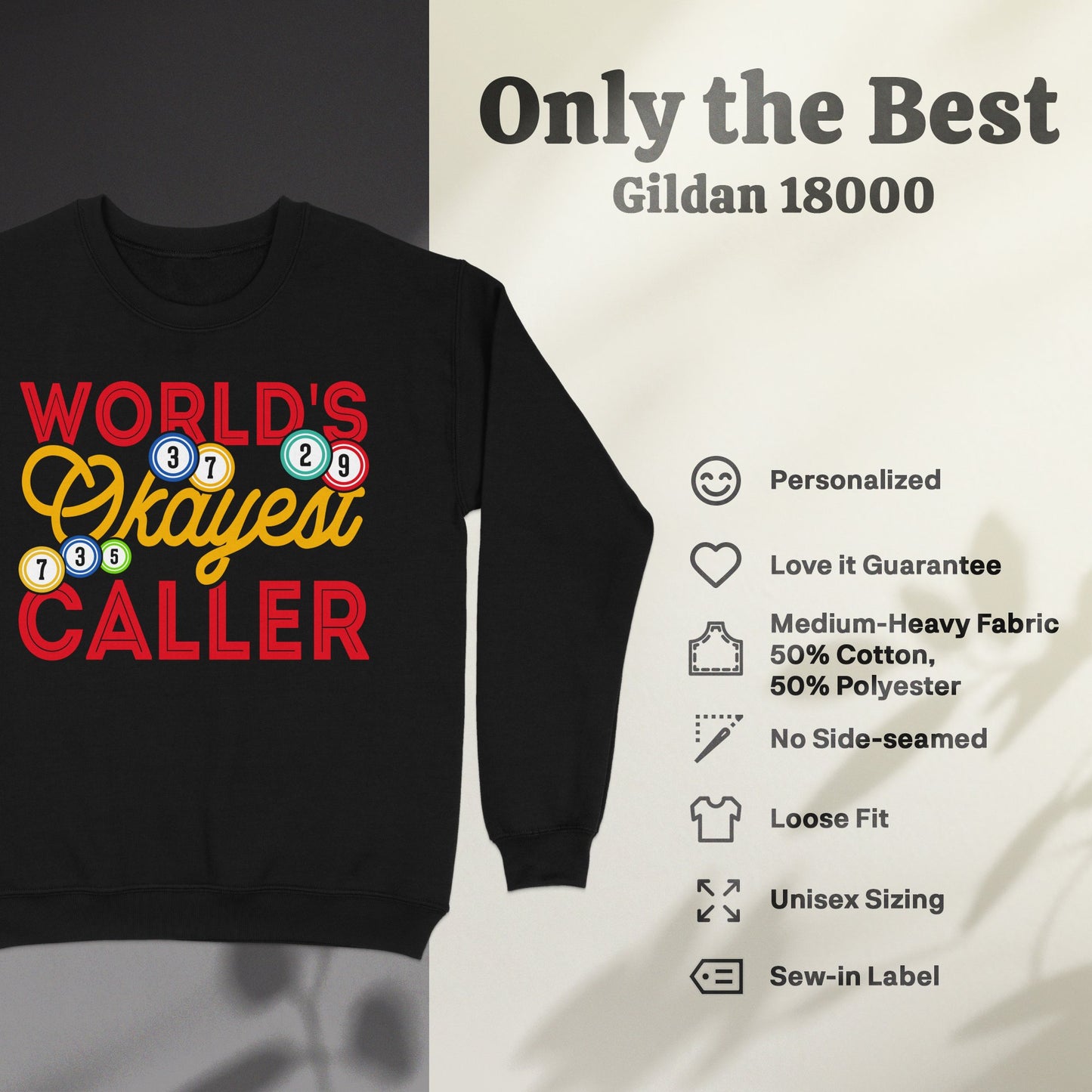 Black sweatshirt with "WORLD'S 37 KAYEST CALLER 735" text design.