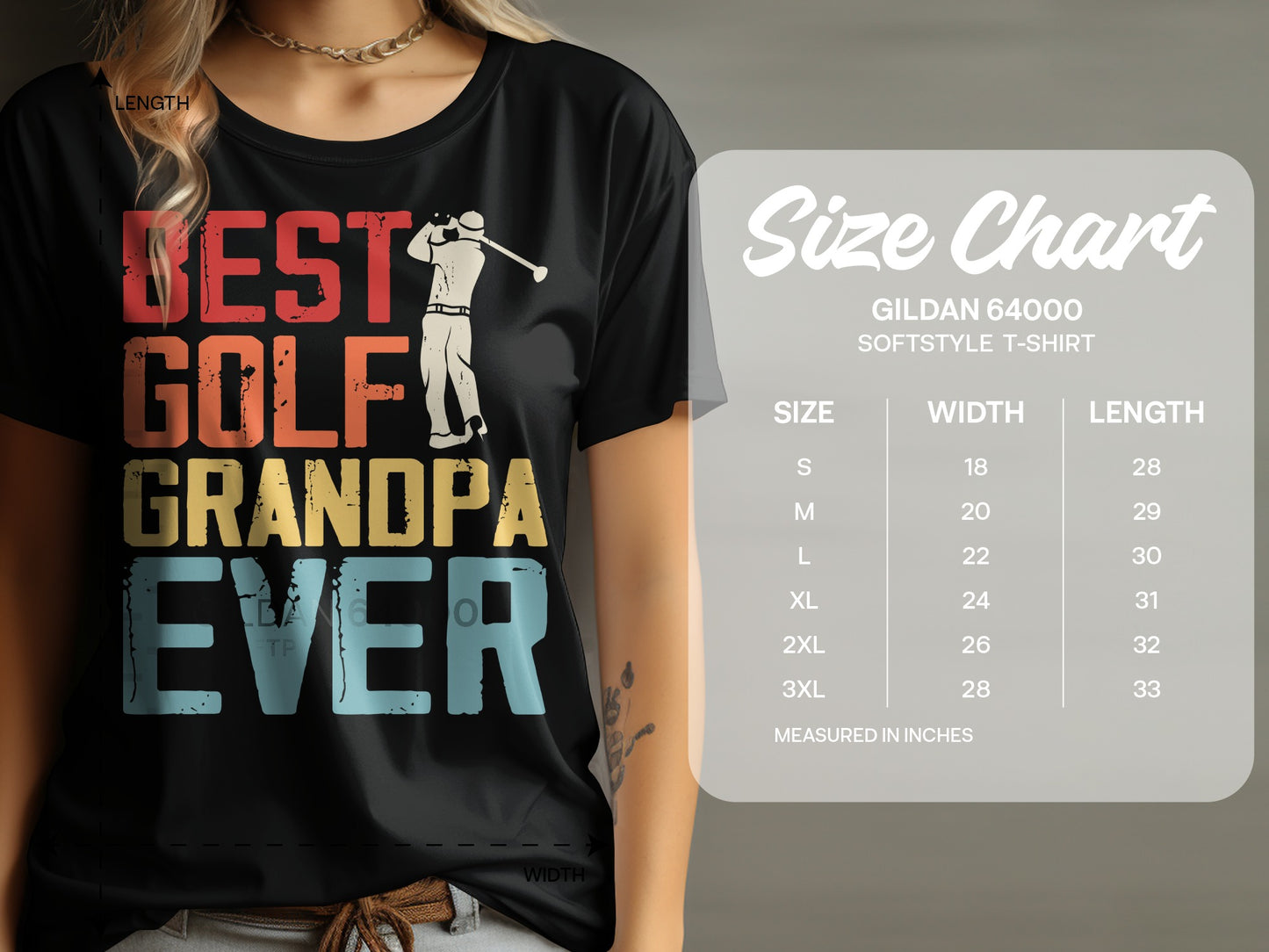T-shirt with "Best Golf Grandpa Ever" text and a golfer graphic; size chart included.